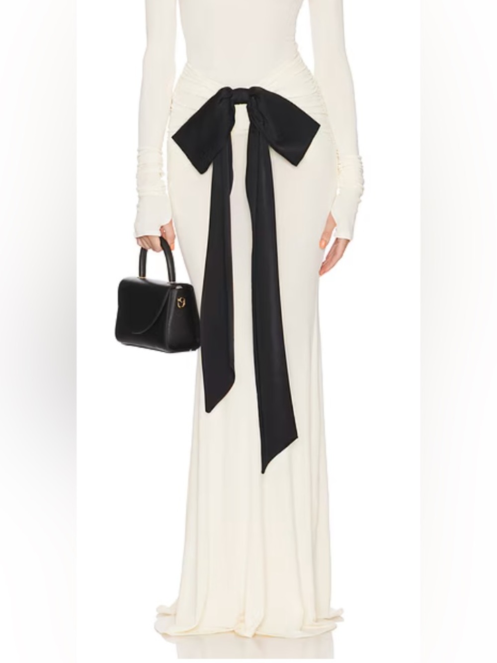 Ivory Maxi Skirt with Black Bow Waist Tie
